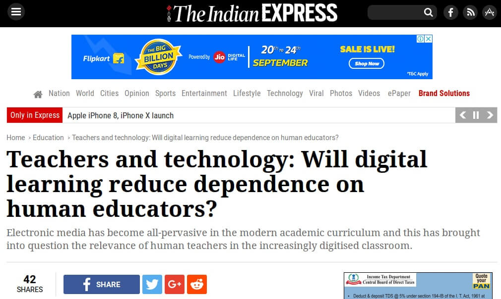 Indian Express article about Teachers & Technology & increasing dependency on Digital learning written by Nitu Channan