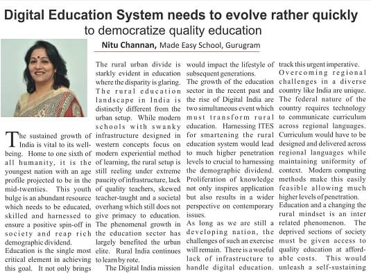 Curriculum Magazine article about Digital Education System needs to evolve rather quickly to democratize quality education by Nitu Channan, MADE EASY SCHOOL, Gurugram