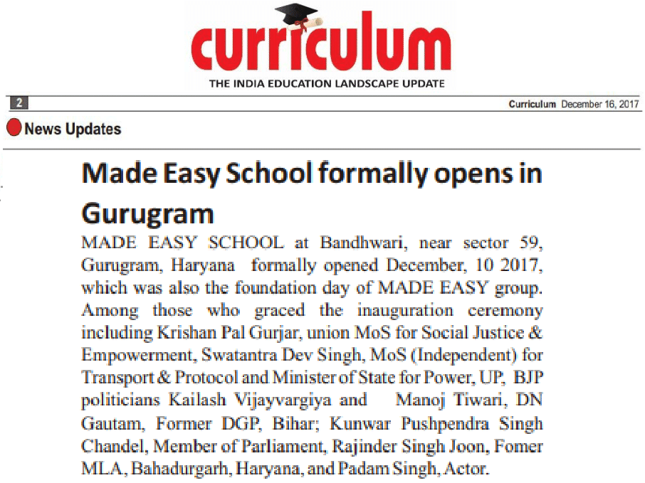 MADE EASY SCHOOL formally opens in Gurugram